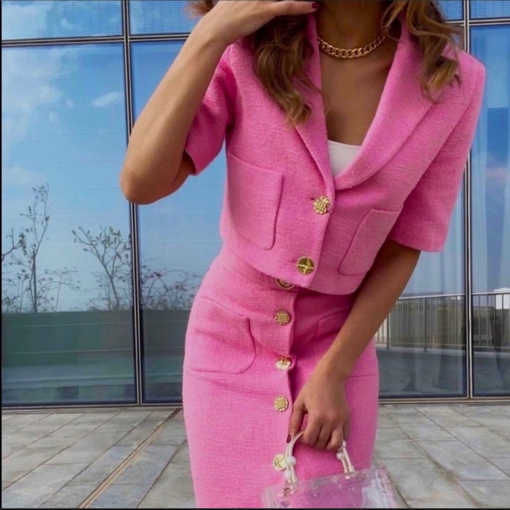 NWT Zara Cropped Tweed Textured Buttoned Blazer